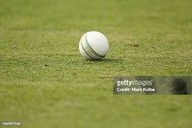 General view of the ball is seen during the 2015 ICC Cricket World Cup match between South Africa and Ireland at Manuka Oval on March 3, 2015 in...