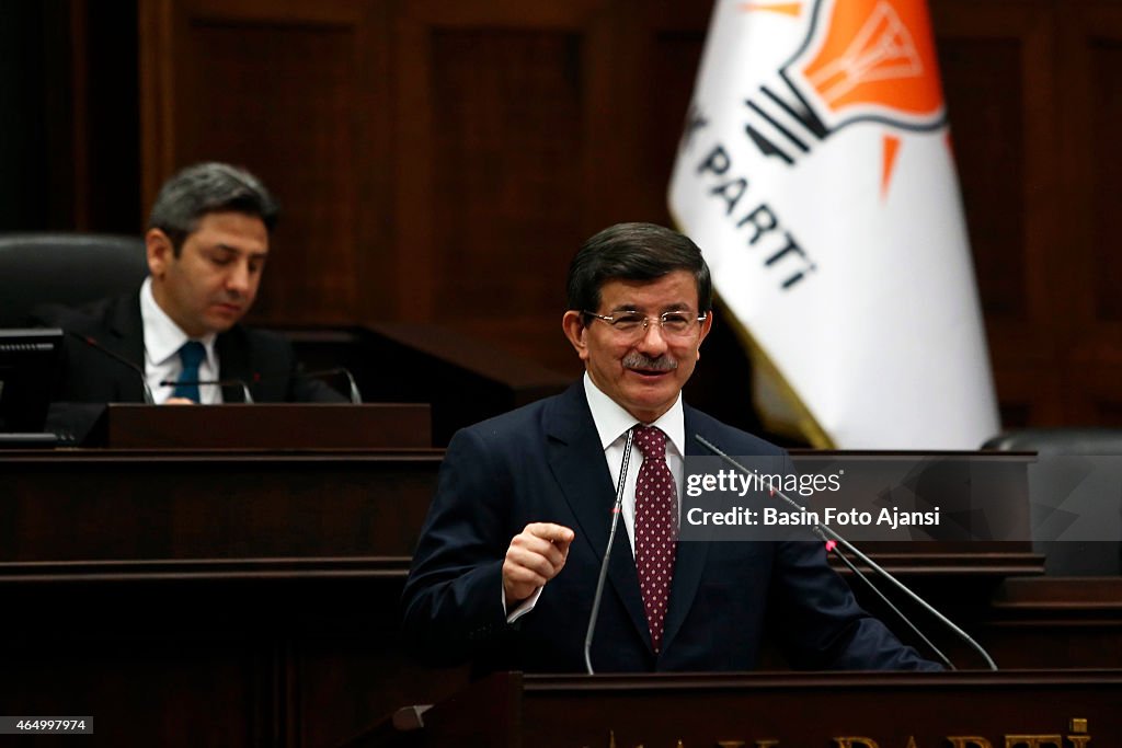 Turkey's Prime Minister Ahmet Davutoglu speaks in meeting of...