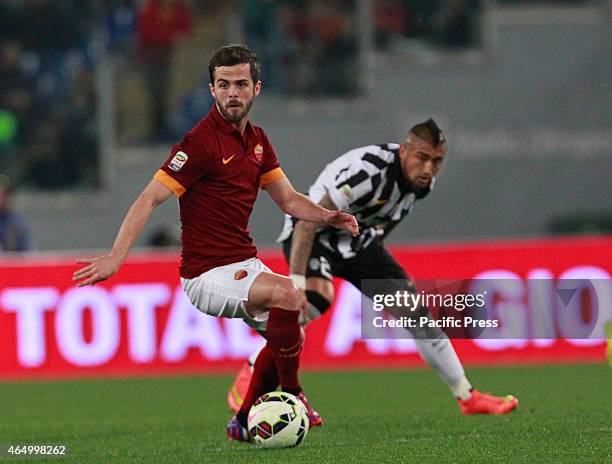 Miralem Pjanic during the Italian Serie A soccer match between A.S Roma and Juventus F.C in Olympic Stadium. During the Italian Serie A soccer match...