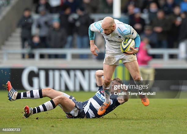 Will Cliff of Sale Sharks tackles Paul Hodgson of Worcester Warriors during the LV= Cup match between Sale Sharks and Worcester Warriors at AJ Bell...