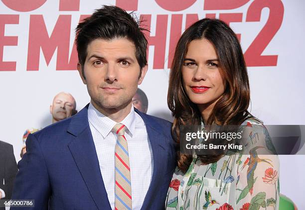 Actor Adam Scott and wife Naomi Scott attend the premiere of 'Hot Tub Time Machine 2' at Regency Village Theatre on February 18, 2015 in Westwood,...