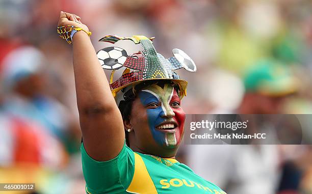 South African fan celebrates a boundary during the 2015 ICC Cricket World Cup match between South Africa and Ireland at Manuka Oval on March 3, 2015...