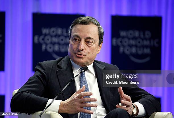 Mario Draghi, president of the European Central Bank , speaks during a panel session on day four of the World Economic Forum in Davos, Switzerland,...