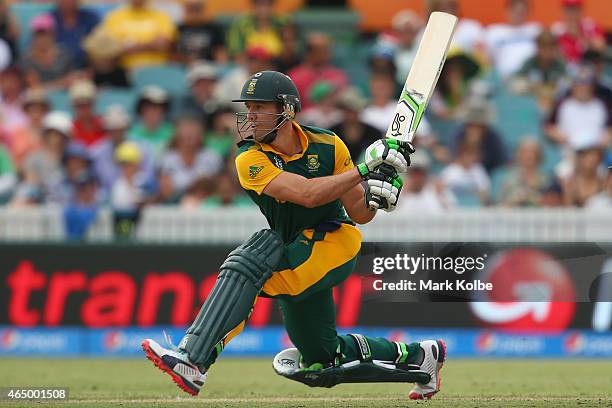 De Villiers of South Africa bats during the 2015 ICC Cricket World Cup match between South Africa and Ireland at Manuka Oval on March 3, 2015 in...