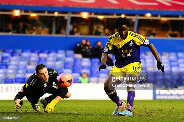 Wilfried Bony of Swansea scores his team's second goal past goalkeeper Colin Doyle of Birmingham during the FA Cup fourth round match between...