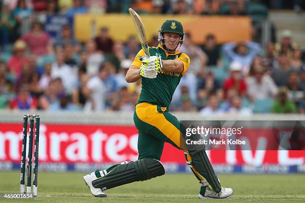 David Miller of South Africa bats during the 2015 ICC Cricket World Cup match between South Africa and Ireland at Manuka Oval on March 3, 2015 in...