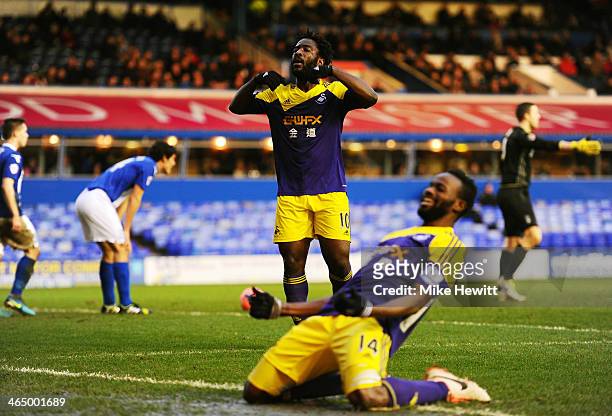 Wilfried Bony of Swansea celebrates after his team's second goal during the FA Cup fourth round match between Birmingham City and Swansea City at St...