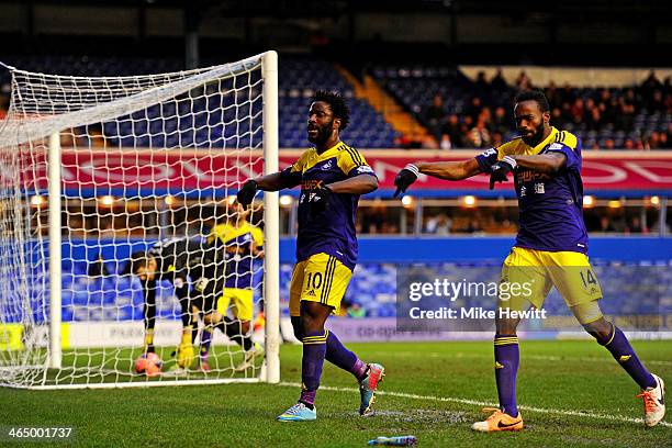 Wilfried Bony of Swansea celebrates after scoring his team's first goal during the FA Cup fourth round match between Birmingham City and Swansea City...