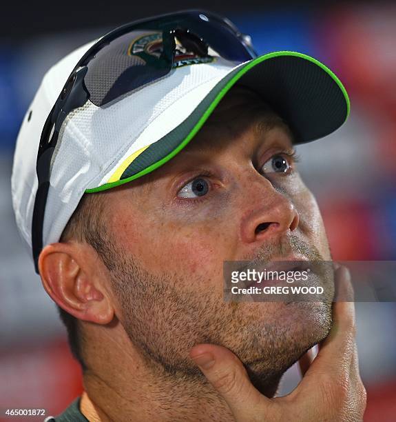 Australian captain Michael Clarke attends a press conference following a final training session ahead of the 2015 Cricket World Cup Pool A match...