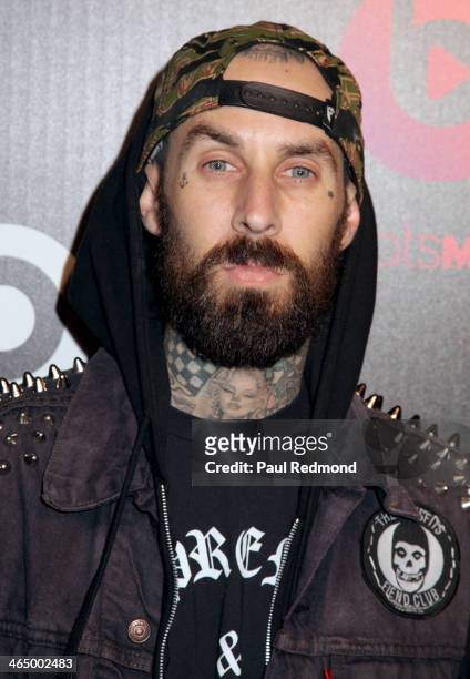 Musician Travis Barker at Beats by Dre Music Launch GRAMMY Party at Belasco Theatre on January 24, 2014 in Los Angeles, California.
