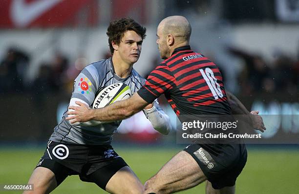 Tim Swiel of Sharks is closed down by Saracens Charlie Hodgson during the friendly match between Saracens and Natal Cell C Sharks at Allianz Park on...