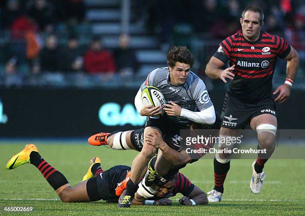 Tim Swiel of Sharks tries to break away from the Saracens defence during the friendly match between Saracens and Natal Cell C Sharks at Allianz Park...