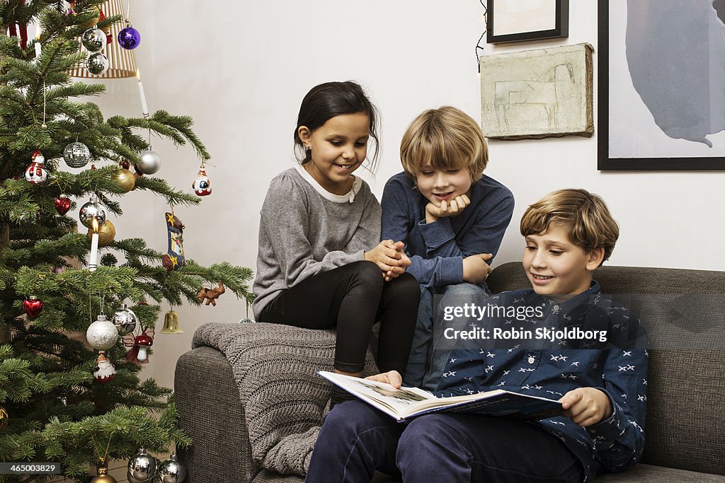 Children on sofa next to Xmas tree reading in book
