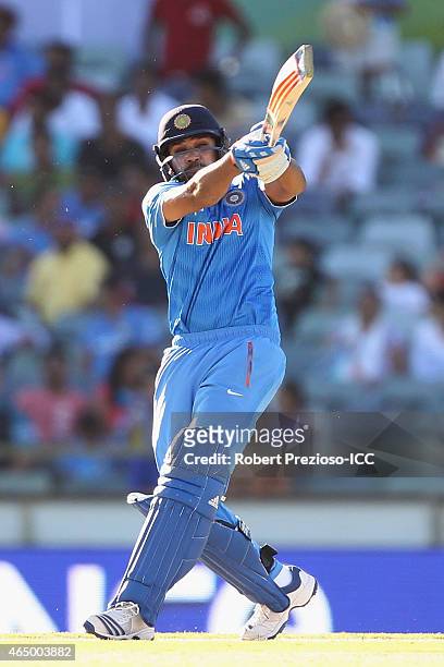 Rohit Sharma of India plays a shot during the 2015 ICC Cricket World Cup match between India and the United Arab Emirates at WACA on February 28,...