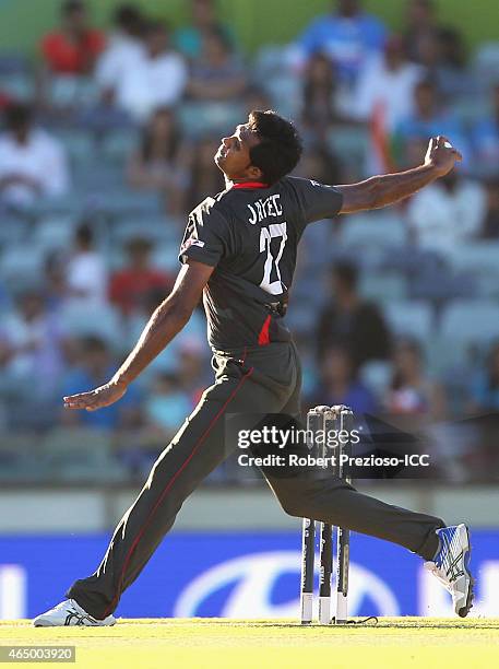 Amjad Javed of UAE bowls during the 2015 ICC Cricket World Cup match between India and the United Arab Emirates at WACA on February 28, 2015 in...