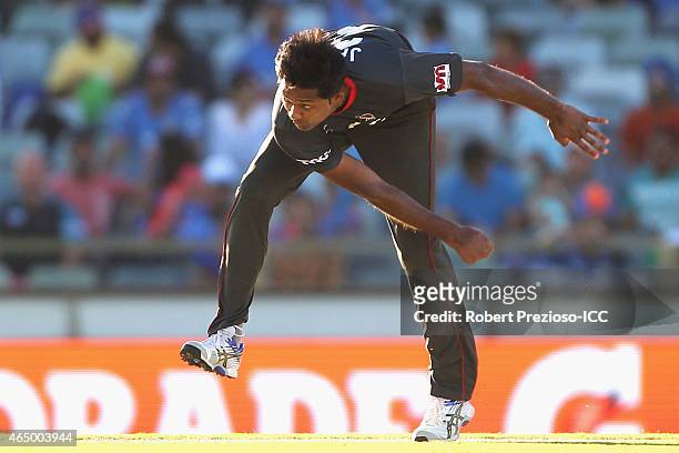 Amjad Javed of UAE bowls during the 2015 ICC Cricket World Cup match between India and the United Arab Emirates at WACA on February 28, 2015 in...
