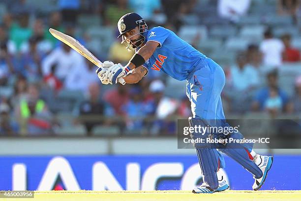 Virat Kohli of India plays a shot during the 2015 ICC Cricket World Cup match between India and the United Arab Emirates at WACA on February 28, 2015...