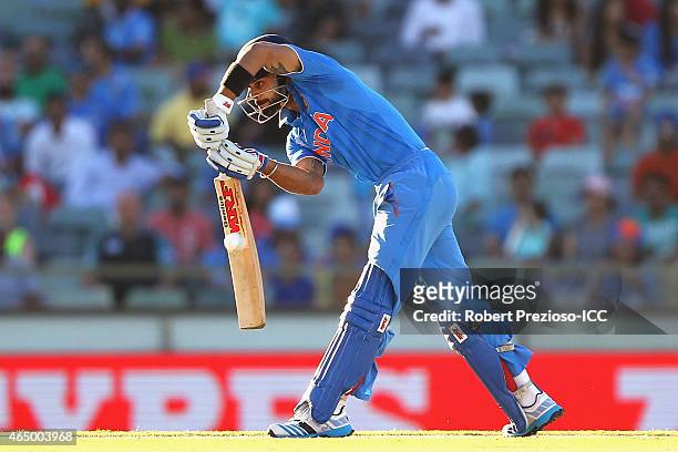 Virat Kohli of India plays a shot during the 2015 ICC Cricket World Cup match between India and the United Arab Emirates at WACA on February 28, 2015...