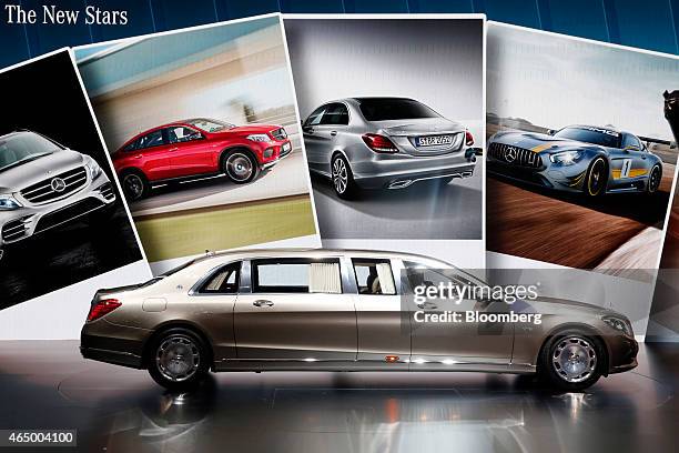 The Mercedes-Benz Maybach Pullman, produced by Daimler AG, is driven onto the stage on the opening day of the 85th Geneva International Motor Show in...