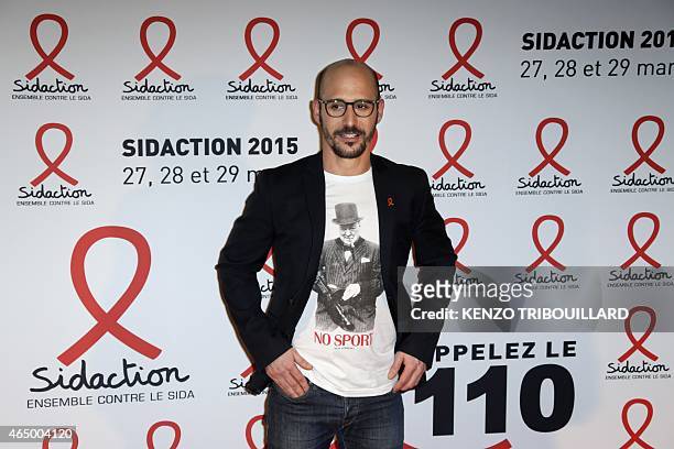 Nicolas-Bonaventure Ciattoni, aka Cartman poses on March 2, 2015 upon his arrival for the annual Sidaction fundraiser to finance HIV-AIDS research in...