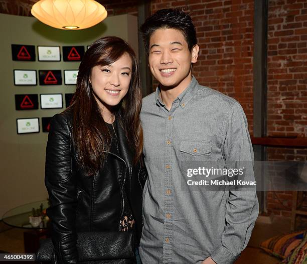 Actors Ki Hong Lee and Hayoung Choi attend the Nerdist + Xbox Live App Launch Party at Microsoft Lounge on March 2, 2015 in Venice, California.