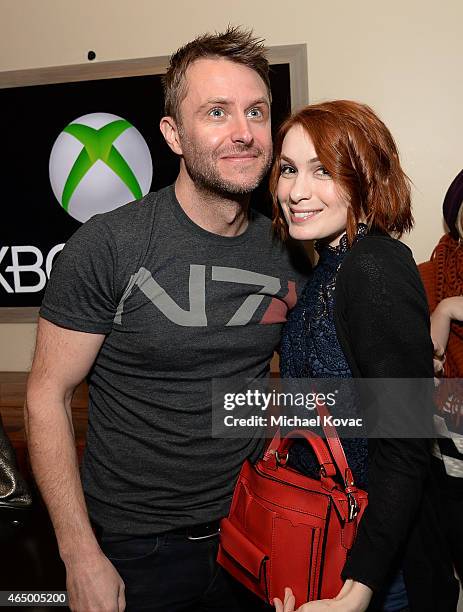 Host Chris Hardwick and actress Felicia Day attend the Nerdist + Xbox Live App Launch Party at Microsoft Lounge on March 2, 2015 in Venice,...