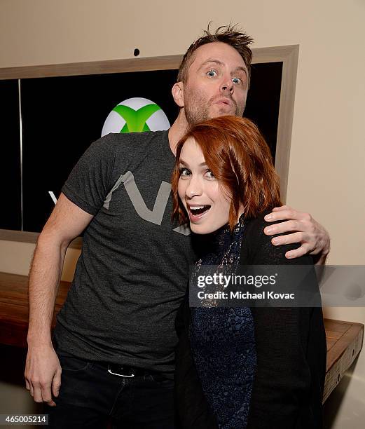 Host Chris Hardwick and actress Felicia Day attend the Nerdist + Xbox Live App Launch Party at Microsoft Lounge on March 2, 2015 in Venice,...