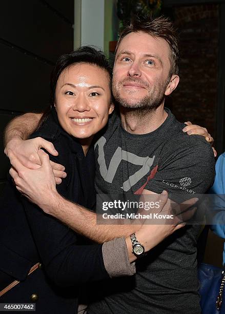 Nerdist's Monica Moon and TV host Chris Hardwick attend the Nerdist + Xbox Live App Launch Party at Microsoft Lounge on March 2, 2015 in Venice,...