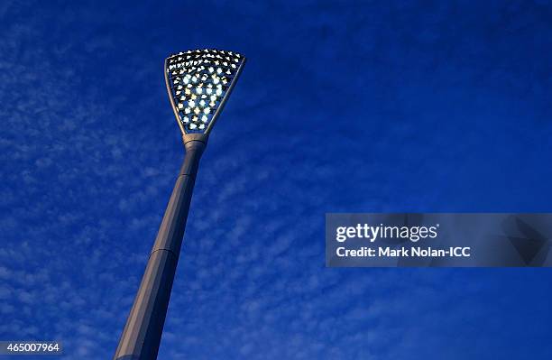 General view of a light tower during the 2015 ICC Cricket World Cup match between South Africa and Ireland at Manuka Oval on March 3, 2015 in...