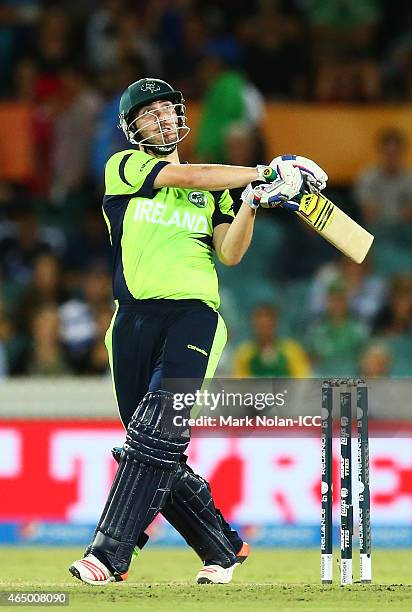 Andrew Balbirnie of Ireland bats during the 2015 ICC Cricket World Cup match between South Africa and Ireland at Manuka Oval on March 3, 2015 in...