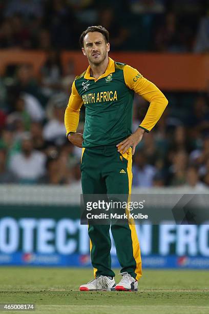 Faf du Plessis of South Africa looks dejected during the 2015 ICC Cricket World Cup match between South Africa and Ireland at Manuka Oval on March 3,...