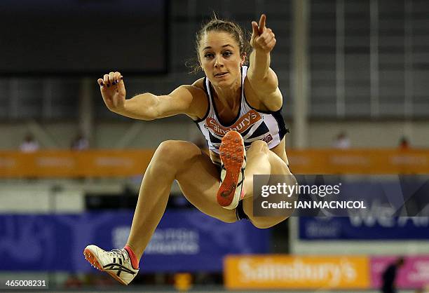 Jade Nimmo of Scotland competes in the Long Jump event at the British Athletics Glasgow International match at The Emirates Arena in Glasgow on...