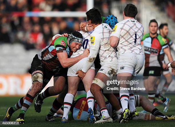Nick Kennedy of Harlequins drives a maul forward during the LV= Cup match between Harlequins and Leicester Tigers at Twickenham Stoop on January 25,...