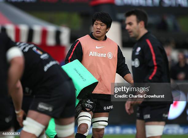 Takashi Kikutani of Saracens in the warm up during the friendly match between Saracens and Natal Cell C Sharks at Allianz Park on January 25, 2014 in...