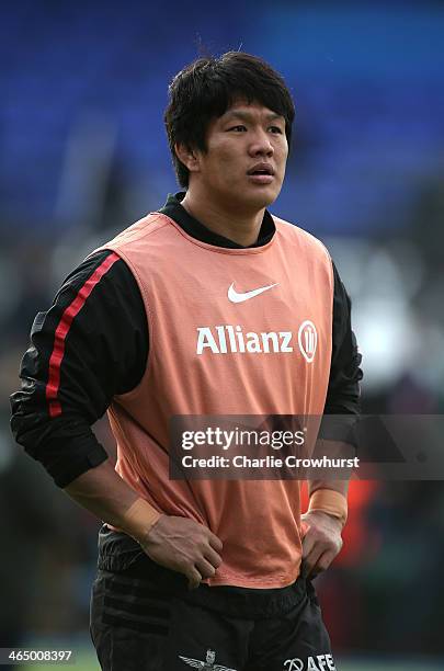 Takashi Kikutani of Saracens in the warm up during the friendly match between Saracens and Natal Cell C Sharks at Allianz Park on January 25, 2014 in...