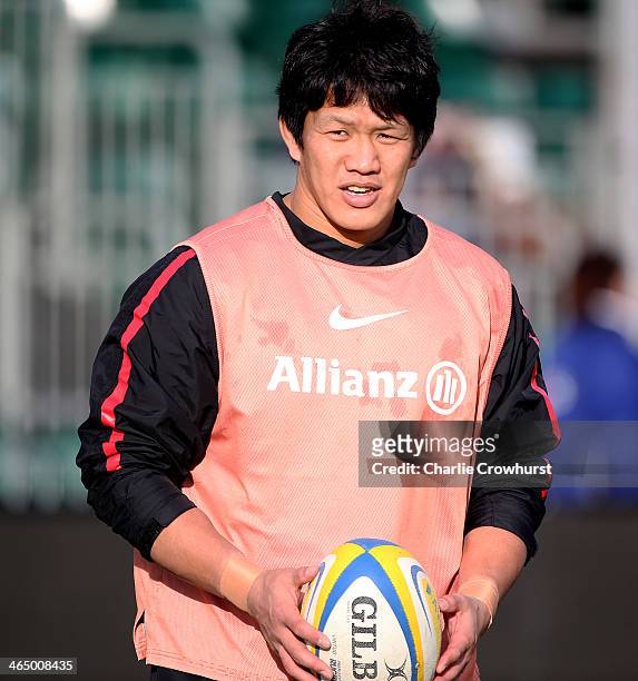 Takashi Kikutani of Saracens in the warm up during the friendly match between Saracens and Natal Cell C Sharks at Allianz Park on January 25, 2014 in...