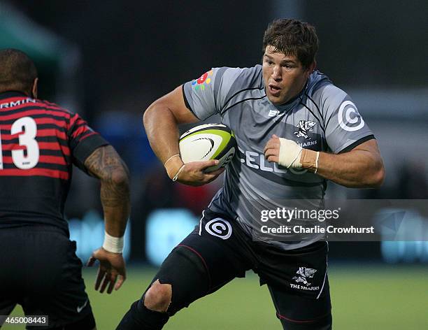 Willem Alberts of Sharks attacks during the friendly match between Saracens and Natal Cell C Sharks at Allianz Park on January 25, 2014 in Barnet,...