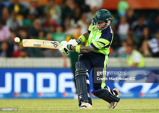 John Mooney of Ireland bats during the 2015 ICC Cricket World Cup match between South Africa and Ireland at Manuka Oval on March 3, 2015 in Canberra,...