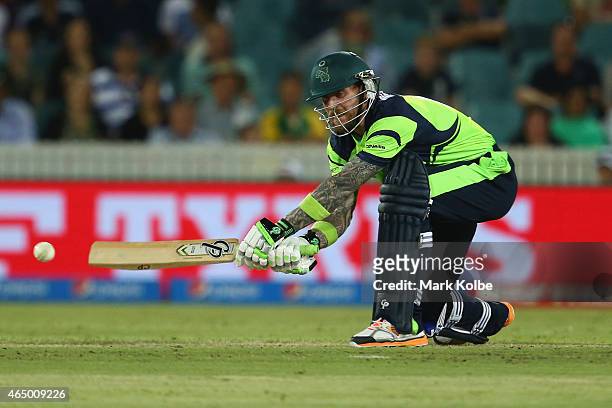 John Mooney of Ireland bats during the 2015 ICC Cricket World Cup match between South Africa and Ireland at Manuka Oval on March 3, 2015 in Canberra,...
