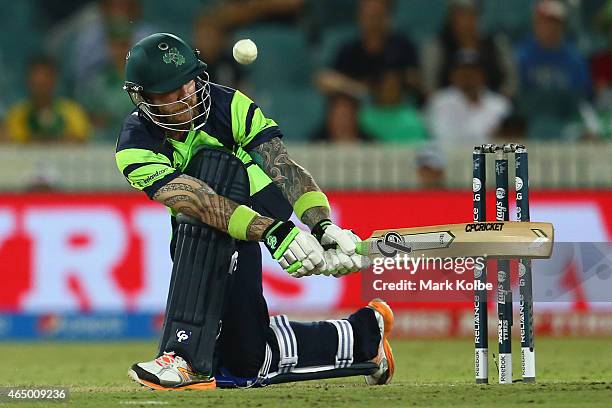 John Mooney of Ireland bats during the 2015 ICC Cricket World Cup match between South Africa and Ireland at Manuka Oval on March 3, 2015 in Canberra,...