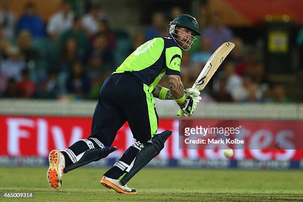 John Mooney of Ireland bats during the 2015 ICC Cricket World Cup match between South Africa and Ireland at Manuka Oval on March 3, 2015 in Canberra,...