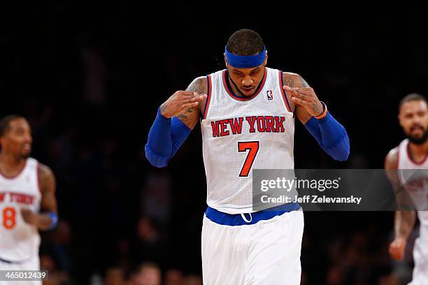 Carmelo Anthony of the New York Knicks plays in a game in which he scored 62 points against the Charlotte Bobcats during their game at Madison Square...