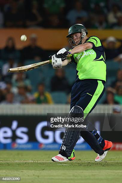 Kevin O'Brien of Ireland bats during the 2015 ICC Cricket World Cup match between South Africa and Ireland at Manuka Oval on March 3, 2015 in...