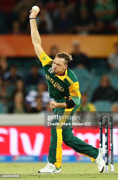 Dale Steyne of South Africa bowls during the 2015 ICC Cricket World Cup match between South Africa and Ireland at Manuka Oval on March 3, 2015 in...