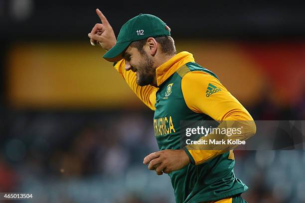 Rilee Rossouw of South Africa celebrates after taking the catch to dismiss Kevin O'Brien of Ireland during the 2015 ICC Cricket World Cup match...