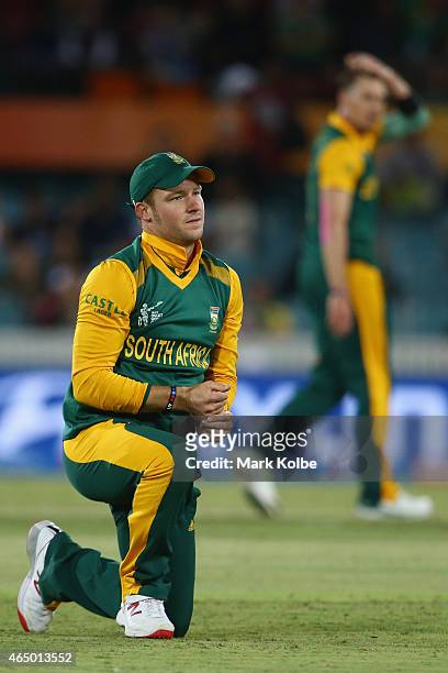 David Miller of South Africa reacts after dropping a catch during the 2015 ICC Cricket World Cup match between South Africa and Ireland at Manuka...