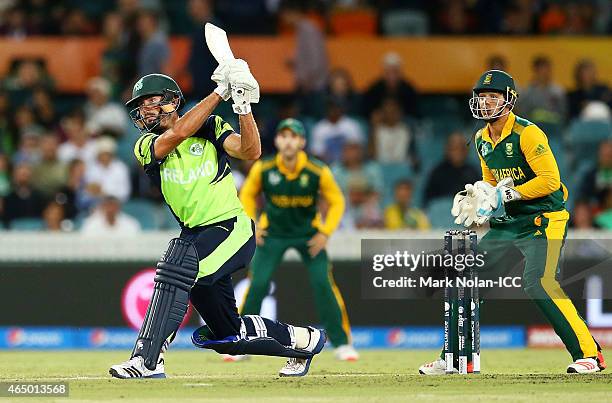 Max Sorensen of Ireland bats during the 2015 ICC Cricket World Cup match between South Africa and Ireland at Manuka Oval on March 3, 2015 in...