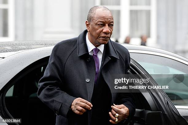 Guinean President Alpha Conde arrives to attend a conference on Ebola on March 3, 2015 in Brussels. Leaders of Ebola-hit countries in west Africa...