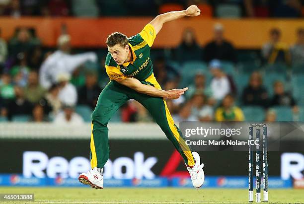 Morne Morkel of South Africa bowls during the 2015 ICC Cricket World Cup match between South Africa and Ireland at Manuka Oval on March 3, 2015 in...
