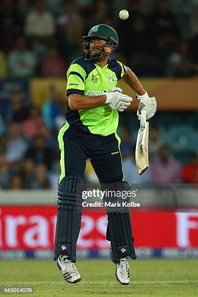 Max Sorensen of Ireland bats during the 2015 ICC Cricket World Cup match between South Africa and Ireland at Manuka Oval on March 3, 2015 in...